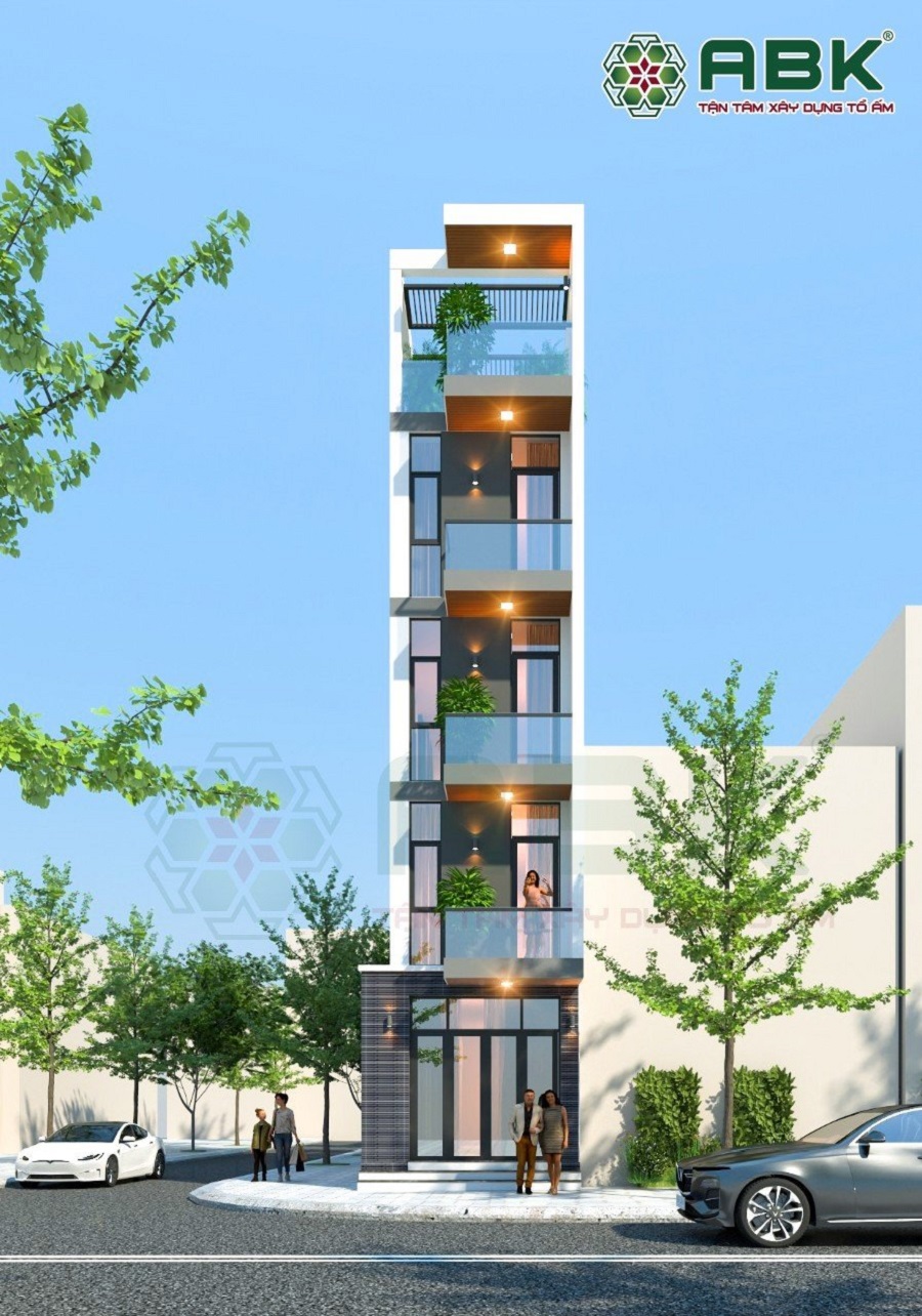 Hình ảnh thiết kế nhà phố 5 tầng 1 trệt + 3 lầu + tum thang & sân thượng và mái BTCT - Nhà Chú Thuận, Phối cảnh 1