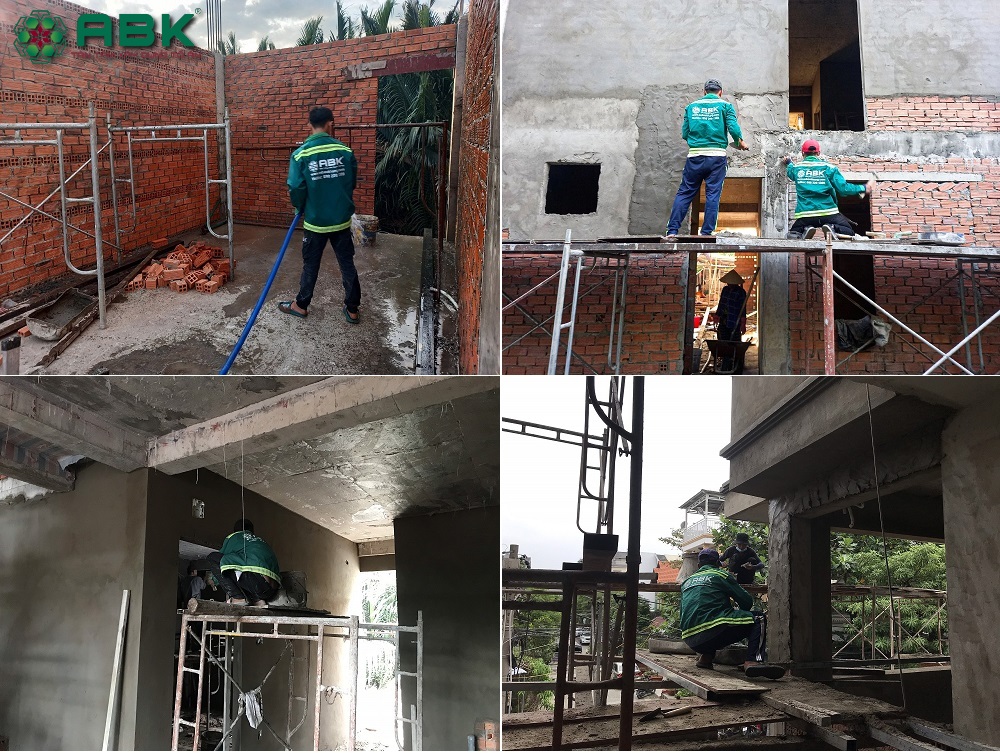 Công nhân viên An Bảo Khang tiến hành bão dưỡng tưới nước bê tông và tường vây và tô trát vách các tầng